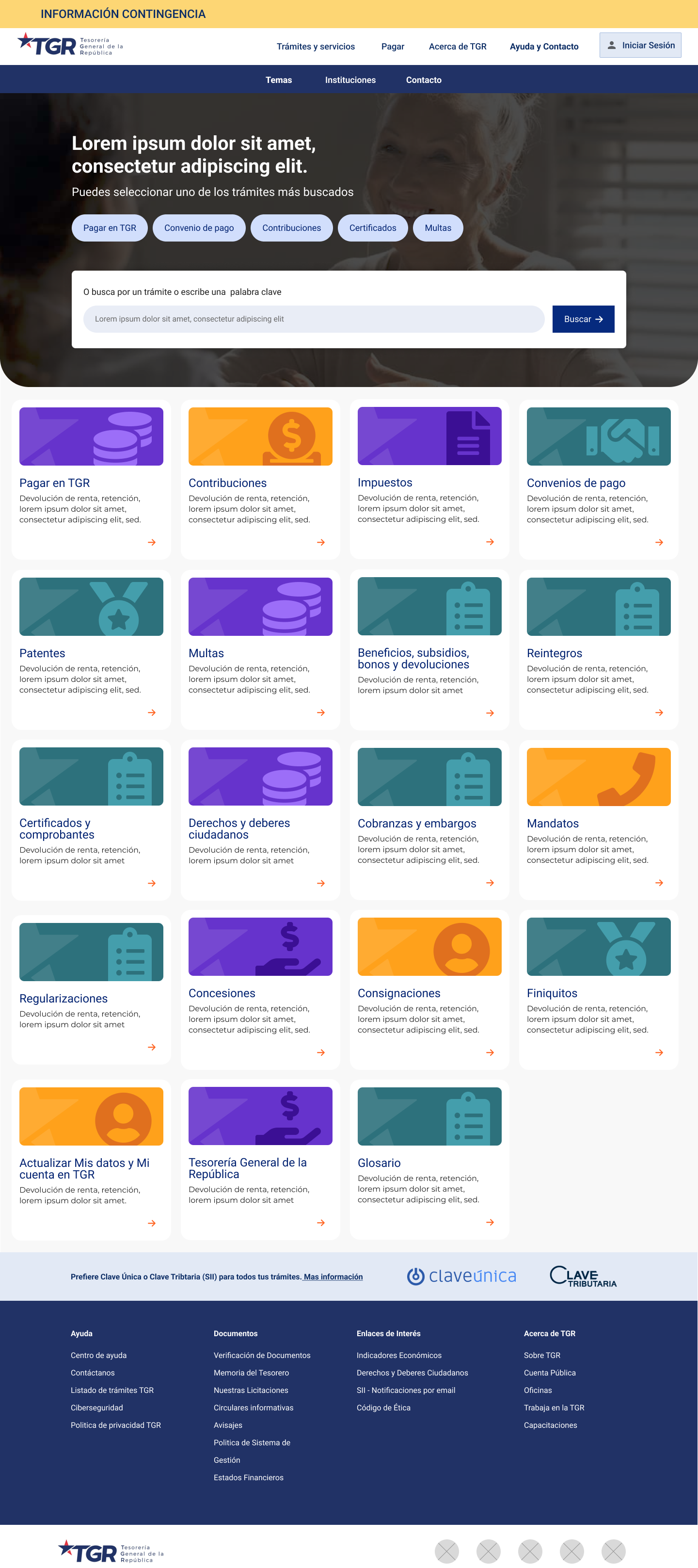 TGR Help Center homepage — category grid with icons for payments, taxes, fines, certificates and more